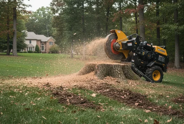 Stump grinding machine working on a steep, wooded residential lot in Granville, Ohio.