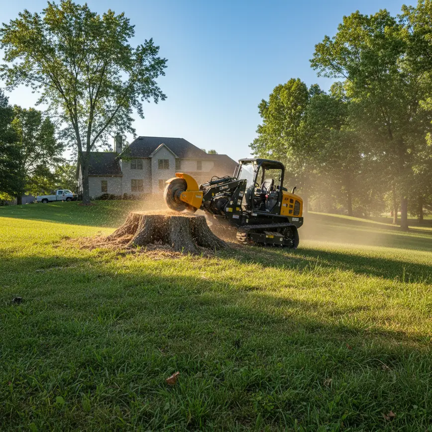 Professional stump grinder machine operating on a steep, grassy hill in an Amanda, Ohio backyard.