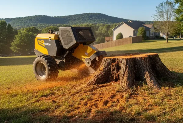 A professional stump grinder machine working on a steep, grassy hill in Lancaster, Ohio.