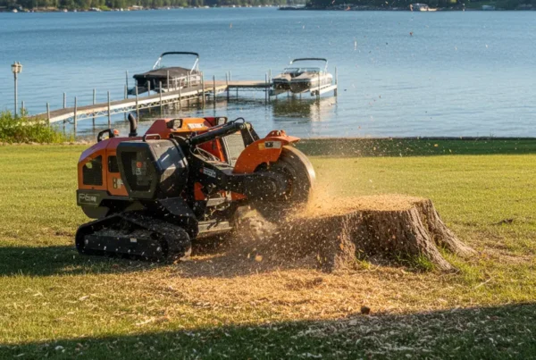 Stump grinder machine working on a large stump on a Buckeye Lake waterfront property.
