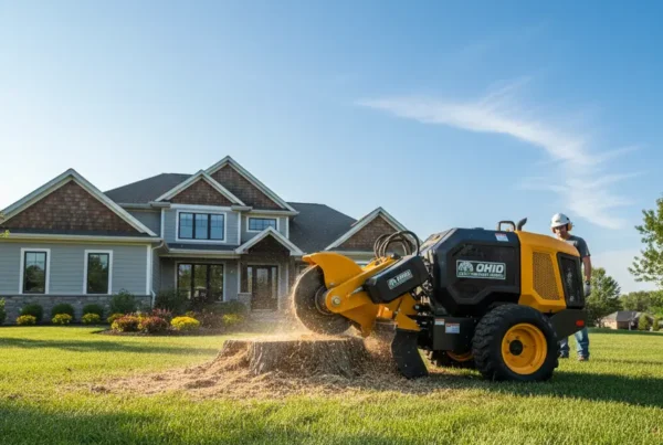 A professional stump grinder machine removing a large tree stump on a rolling lawn.