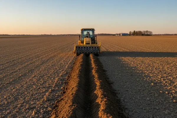 Trencher machine digging a drainage trench in a flat agricultural field in Richwood, Ohio.