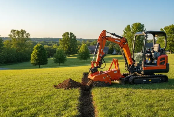 Compact excavator digging a precise trench on a residential lawn in Delaware, Ohio.