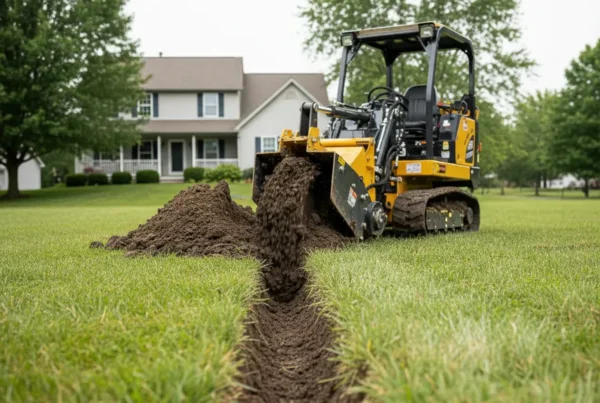A trenching machine digging a utility line trench in a suburban Groveport, Ohio backyard.