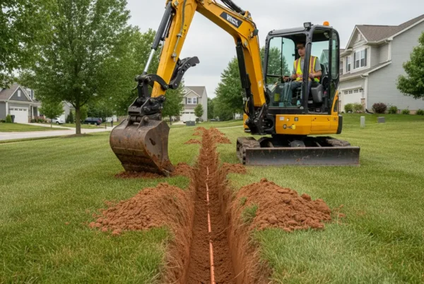 Mini excavator digging a utility trench on a rolling green lawn in Johnstown, Ohio.