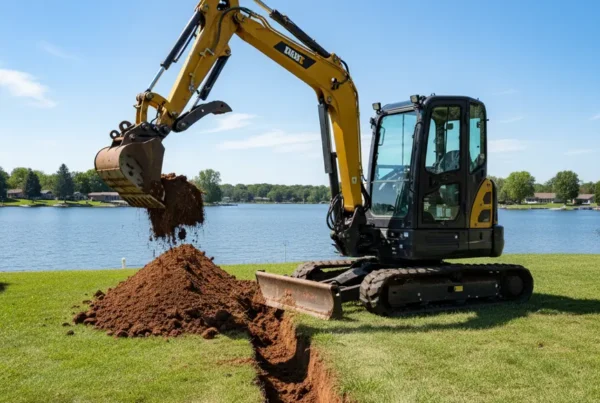 Compact excavator performing trenching work on a residential property next to Buckeye Lake.