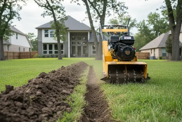 A mini-trencher digging a drainage channel in a backyard with heavy clay soil.
