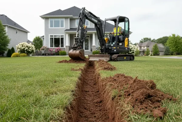 Mini-excavator digging a drainage trench in a residential backyard with clay soil.