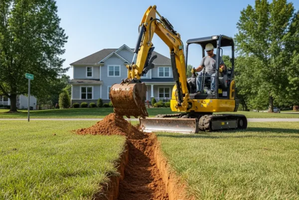 Mini-excavator performing trenching service in a yard with heavy clay soil in Canal Winchester.