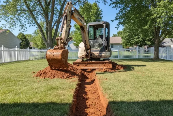 Mini-excavator digging a utility trench in a residential backyard with clay soil.