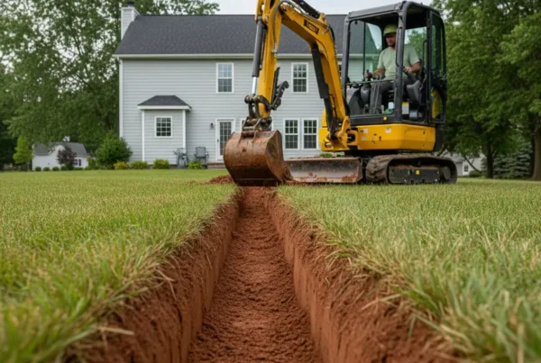 Mini-excavator digging a drainage trench in a residential backyard with clay soil in Hanover.