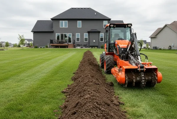 Trenching machine digging a utility trench in a suburban backyard with clay soil.