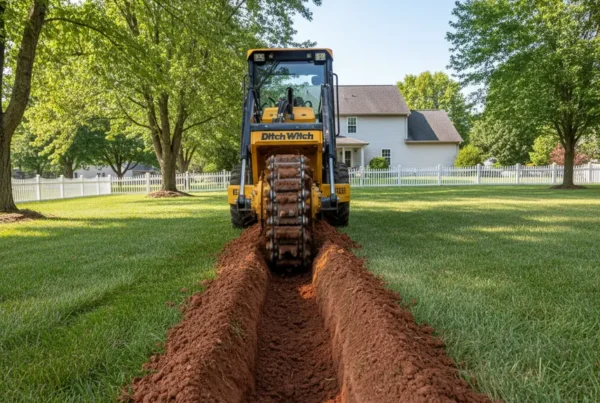 Professional trenching machine digging a drainage trench in a Gahanna backyard with clay soil.