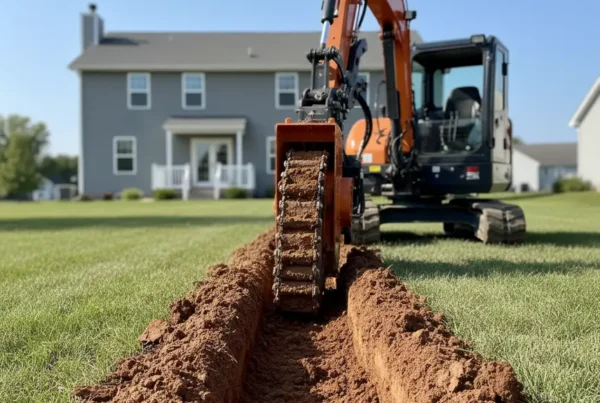 Trenching machine digging a trench in a Hilliard, Ohio backyard with heavy clay soil.