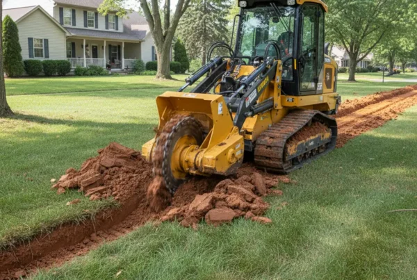 A construction trencher digging a utility line in a Rushville, Ohio yard with clay soil.