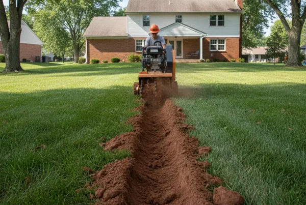 A trencher digging a drainage channel in the clay soil of a Worthington backyard.
