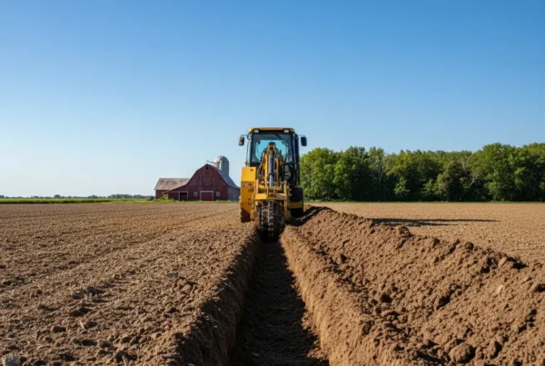 A trenching machine digging a clean line in a flat farm field in Magnetic Springs, Ohio.