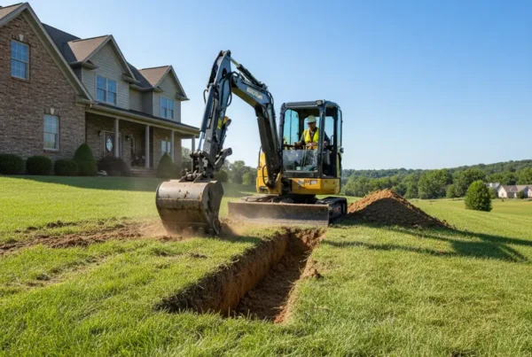 Compact excavator performing trenching service on a hilly residential property in Newark, Ohio.