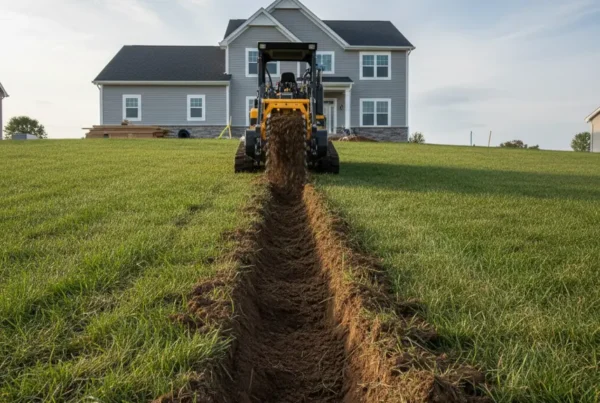 Trenching machine digging a utility line on a sloped residential lot in Sunbury, Ohio.