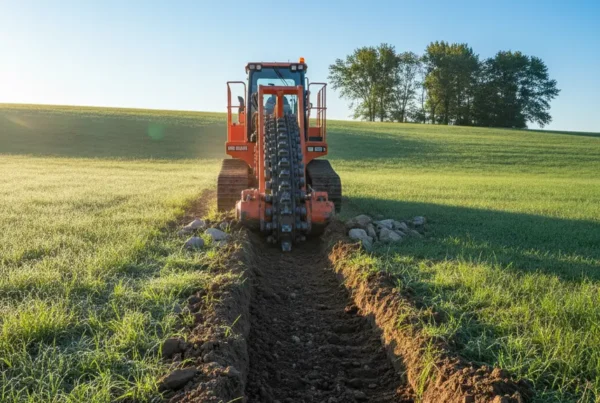 Trencher digging a precise trench on a rolling green hill in Pataskala, Ohio.
