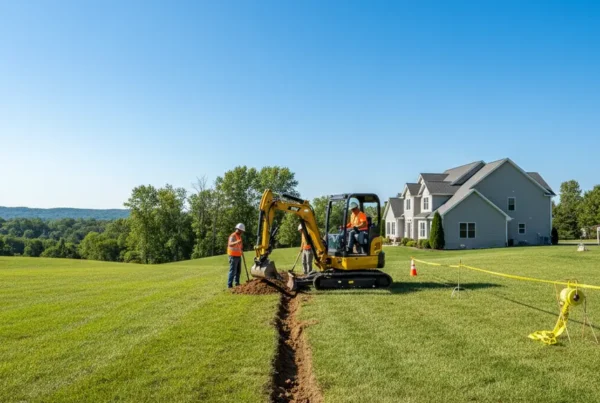 A mini-excavator digging a precise utility trench on a residential lawn in Westerville, Ohio.